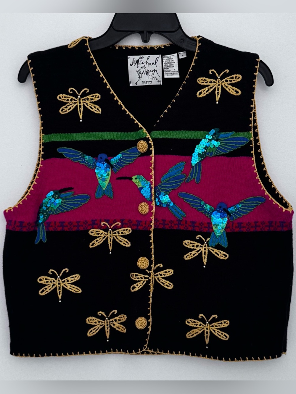 Michael Simon Black Vest with Blue Sequin Hummingbirds & dragonflies vintage